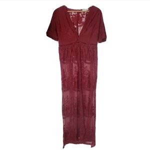 Wicky lace maxi dress floral red long see through